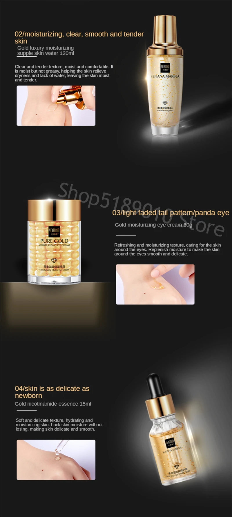 Women 24K Gold Skin Care Set 9PCS With Box Face Toner Essence Cream Nicotinamide Anti-Aging Wrinkles Serum Facial Cleanser Kit