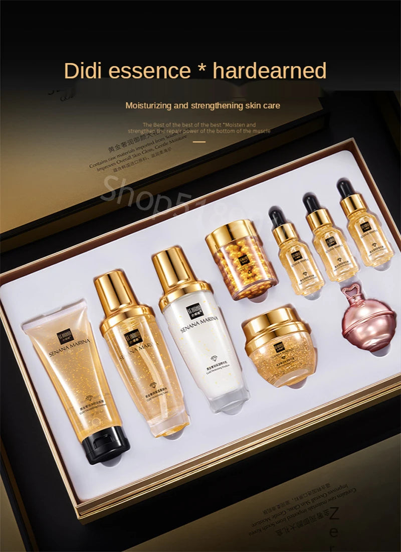 Women 24K Gold Skin Care Set 9PCS With Box Face Toner Essence Cream Nicotinamide Anti-Aging Wrinkles Serum Facial Cleanser Kit