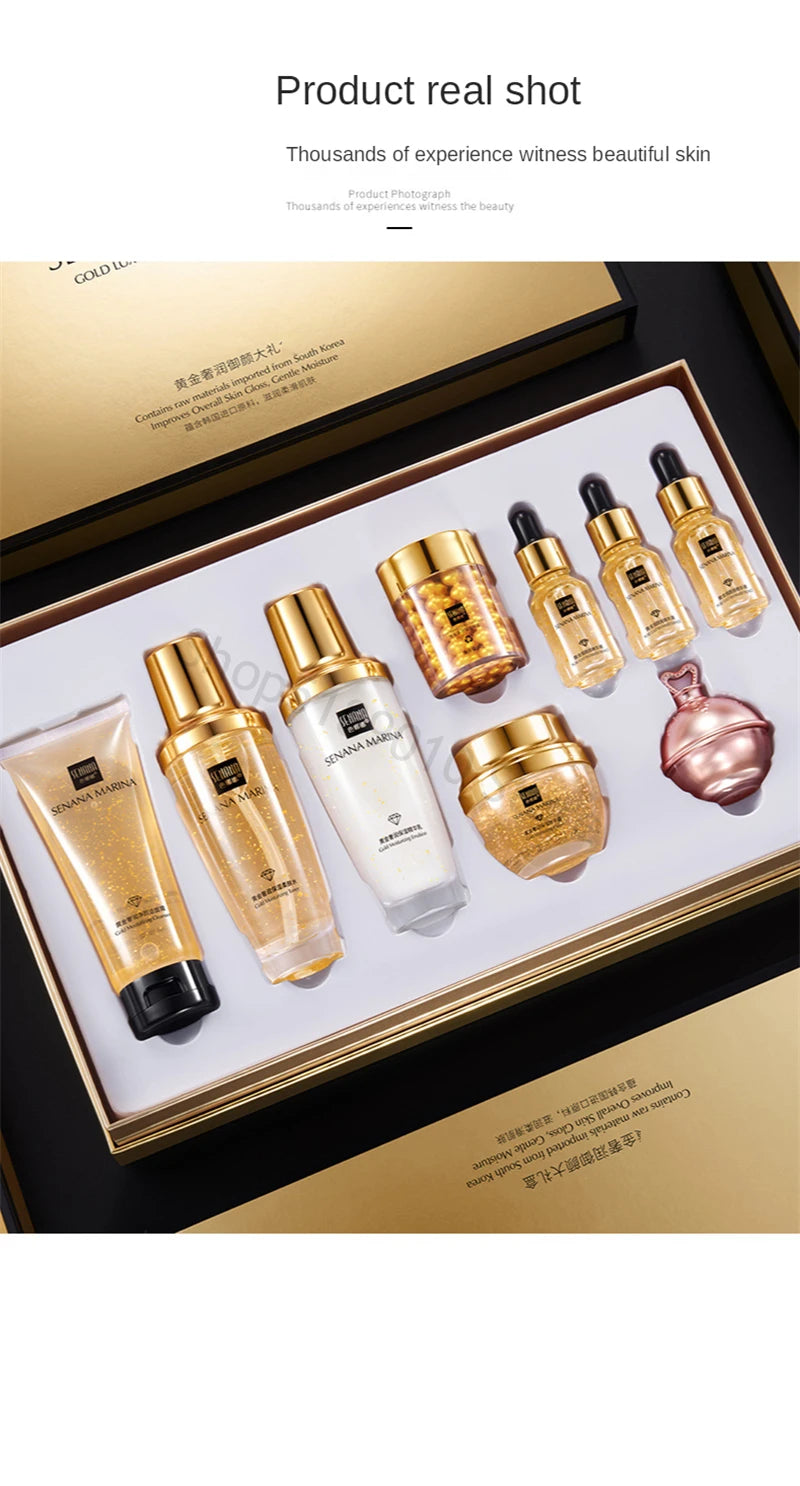 Women 24K Gold Skin Care Set 9PCS With Box Face Toner Essence Cream Nicotinamide Anti-Aging Wrinkles Serum Facial Cleanser Kit