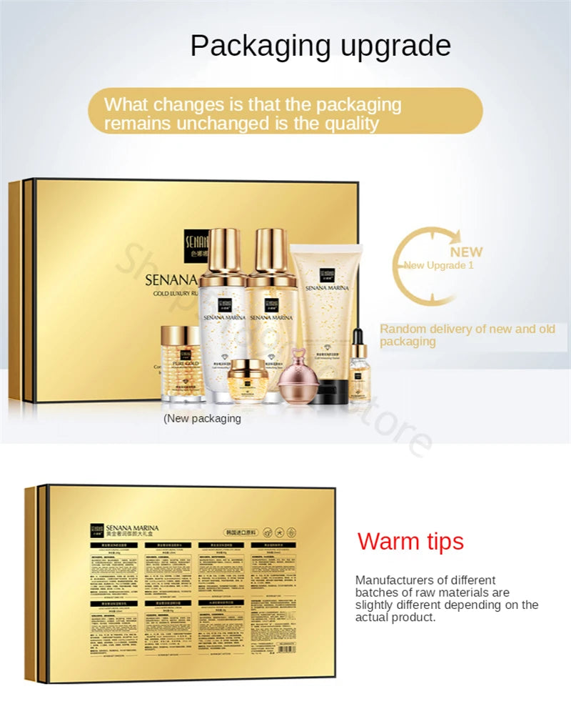 Women 24K Gold Skin Care Set 9PCS With Box Face Toner Essence Cream Nicotinamide Anti-Aging Wrinkles Serum Facial Cleanser Kit