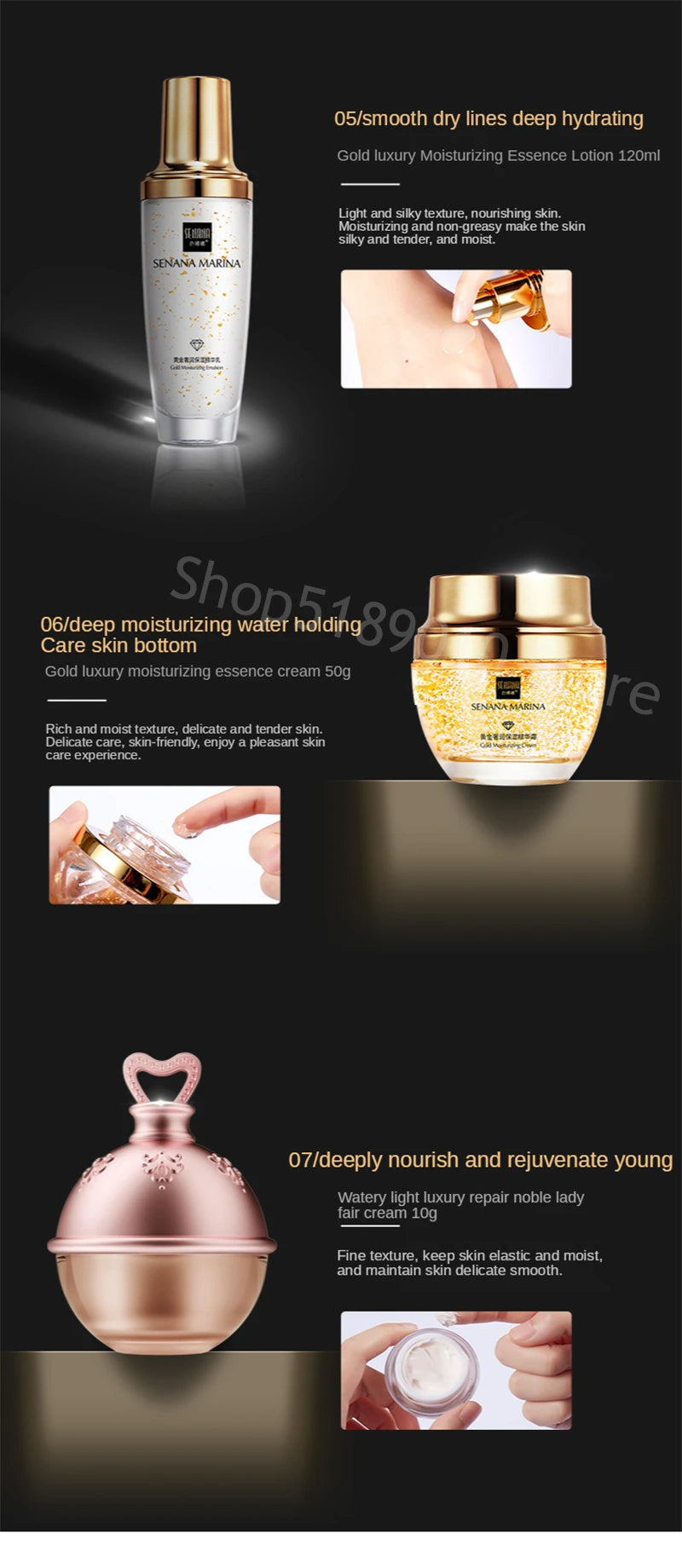 Women 24K Gold Skin Care Set 9PCS With Box Face Toner Essence Cream Nicotinamide Anti-Aging Wrinkles Serum Facial Cleanser Kit