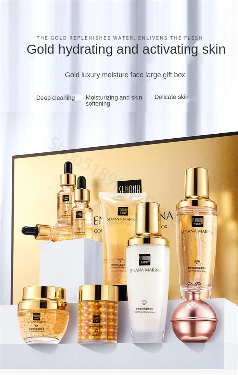 Women 24K Gold Skin Care Set 9PCS With Box Face Toner Essence Cream Nicotinamide Anti-Aging Wrinkles Serum Facial Cleanser Kit
