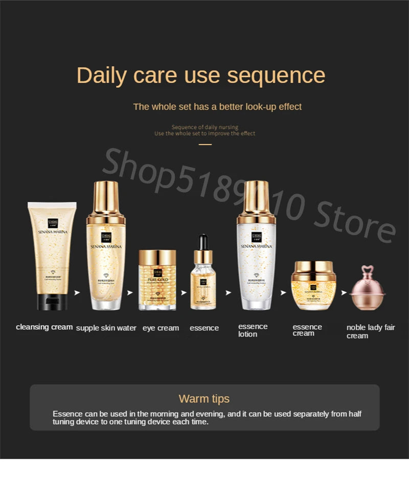 Women 24K Gold Skin Care Set 9PCS With Box Face Toner Essence Cream Nicotinamide Anti-Aging Wrinkles Serum Facial Cleanser Kit